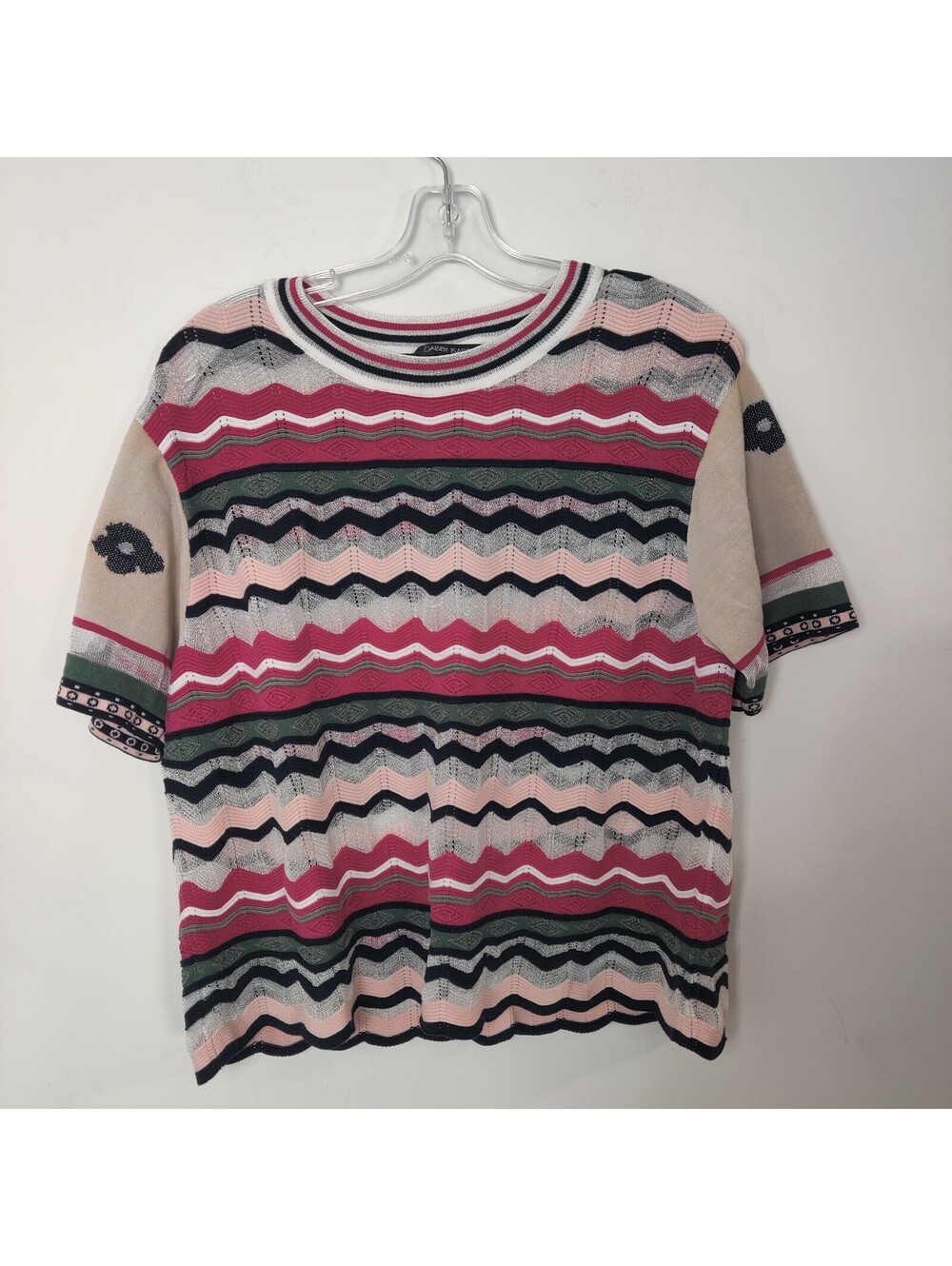 Gabby Isabella Chevron Zig Zag Floral Knit Short Sleeve Sweater Top Pink Green